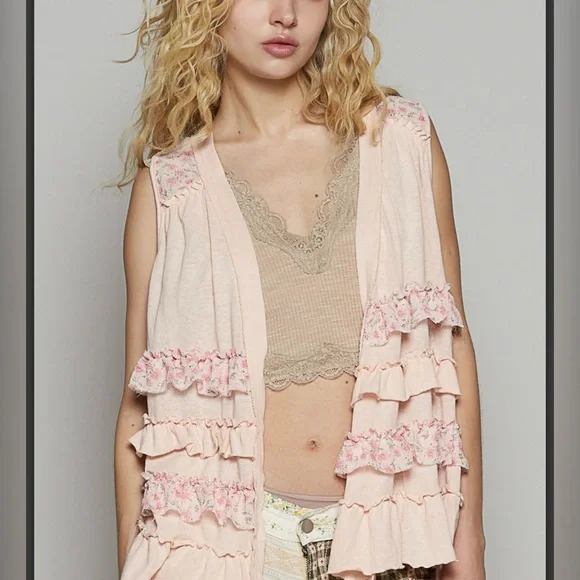 POL NWT Pink Ruffled Sleeveless Cardigan/Vest. Cotton/Poly Blend - Picture 6 of 7